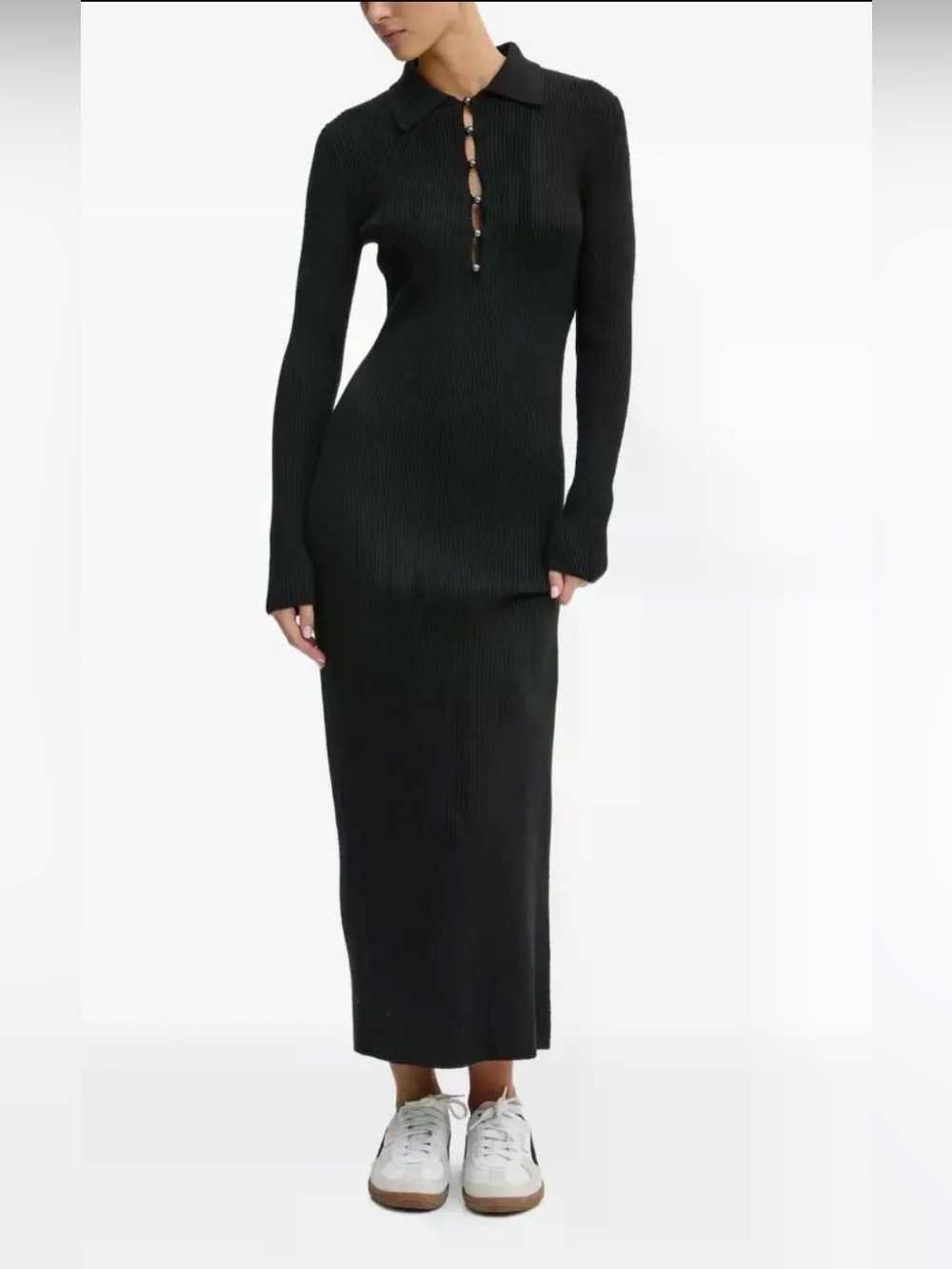 NWOT Abercrombie & Fitch Ribbed Maxi Polo Dress in black with pearlescent button